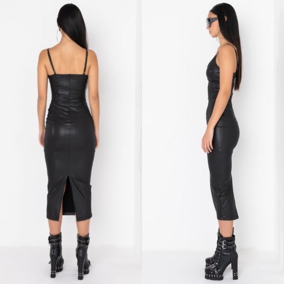 Black Longline Faux Leather Midi Dress - Picture 3 of 5